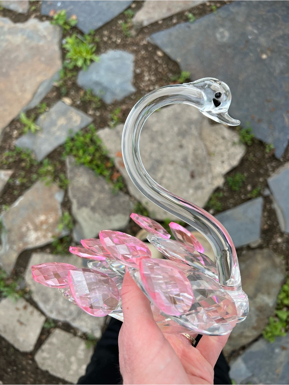 Crystal Glass Swan Figurine Pink Feathers Sun Catcher